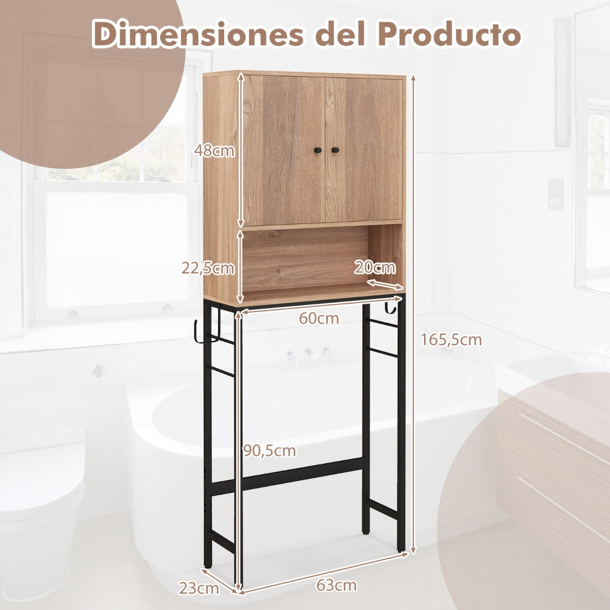 Armario de Almacenamiento sobre el Inodoro Estante Independiente para Baño con 2 Puertas Estante y Barra Estante sobre Lavandería Natural