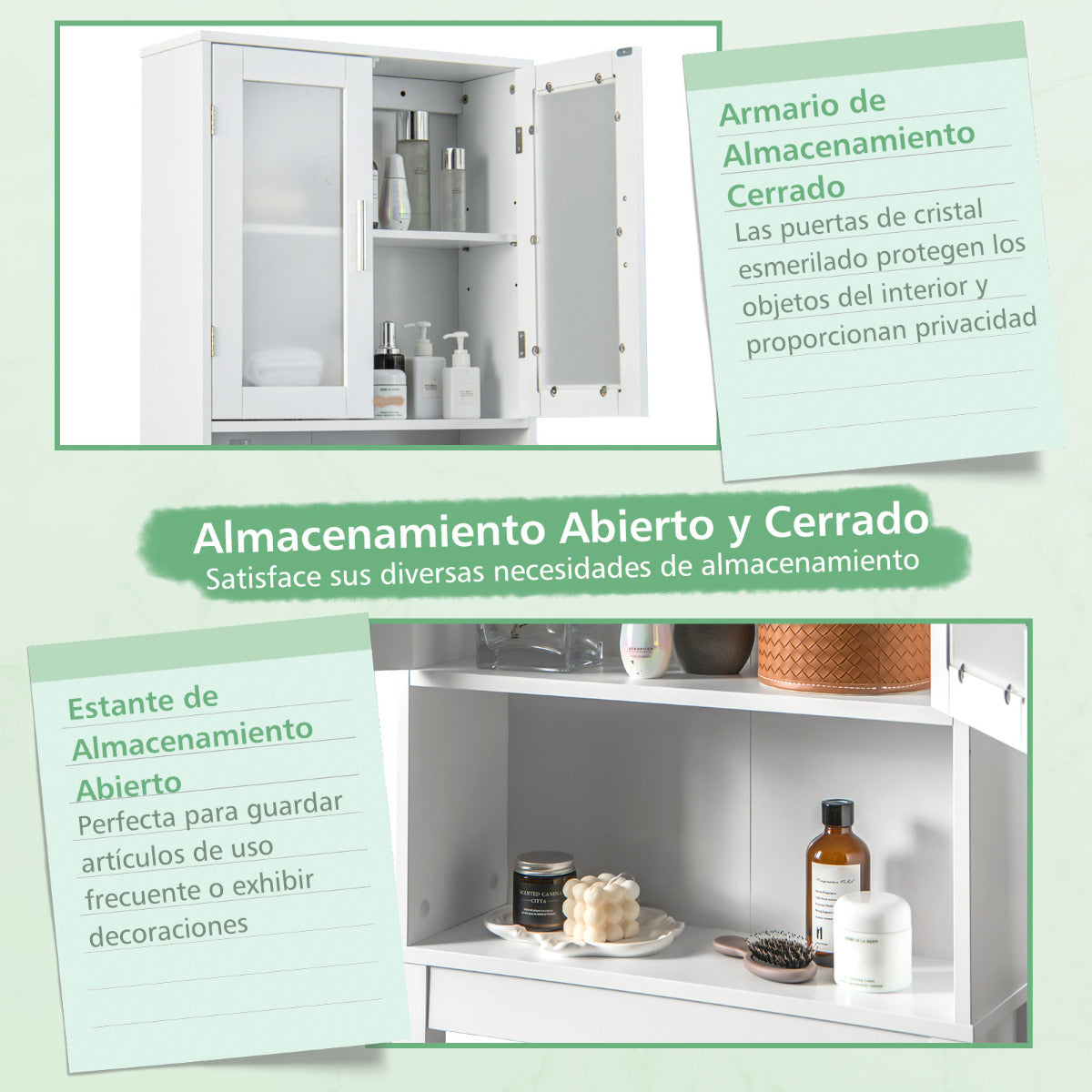 Armario de Almacenamiento sobre el Inodoro Organizador de Baño que ahorra espacio con Estante Ajustable Puertas de Vidrio Esmerilado Blanco