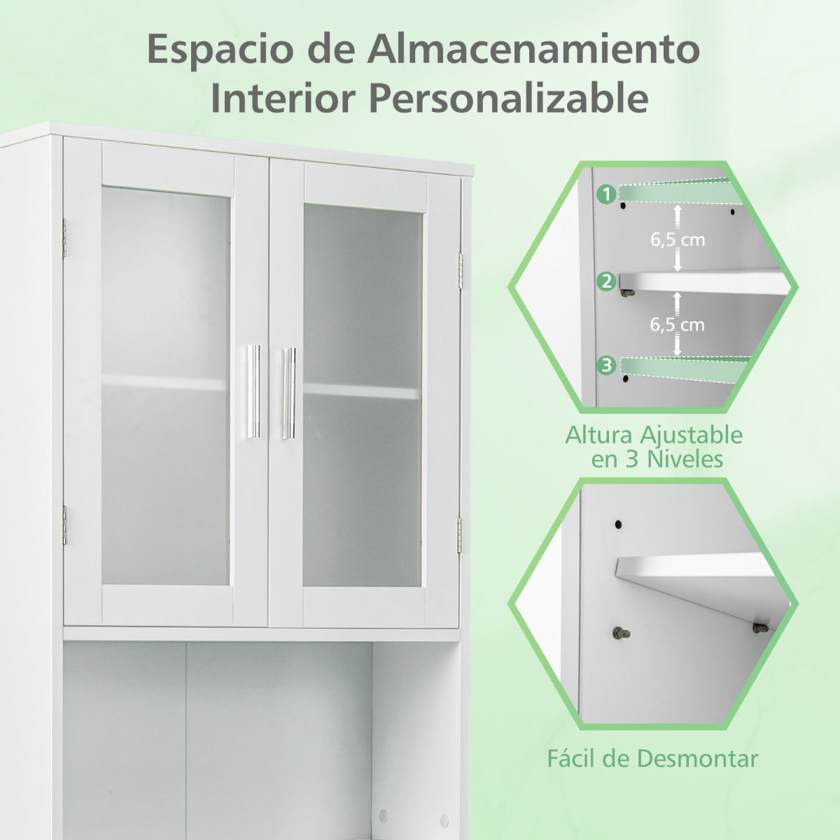 Armario de Almacenamiento sobre el Inodoro Organizador de Baño que ahorra espacio con Estante Ajustable Puertas de Vidrio Esmerilado Blanco