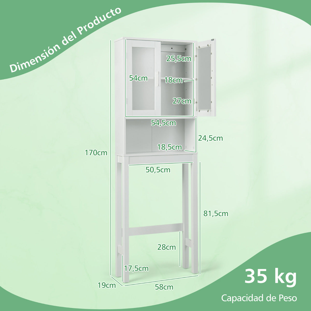 Armario de Almacenamiento sobre el Inodoro Organizador de Baño que ahorra espacio con Estante Ajustable Puertas de Vidrio Esmerilado Blanco