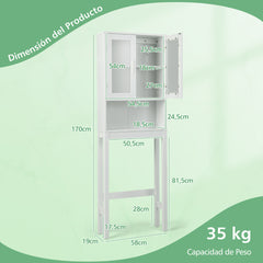 Armario de Almacenamiento sobre el Inodoro Organizador de Baño que ahorra espacio con Estante Ajustable Puertas de Vidrio Esmerilado Blanco