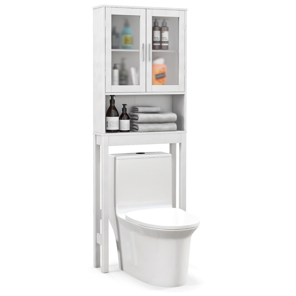 Armario de Almacenamiento sobre el Inodoro Organizador de Baño que ahorra espacio con Estante Ajustable Puertas de Vidrio Esmerilado Blanco