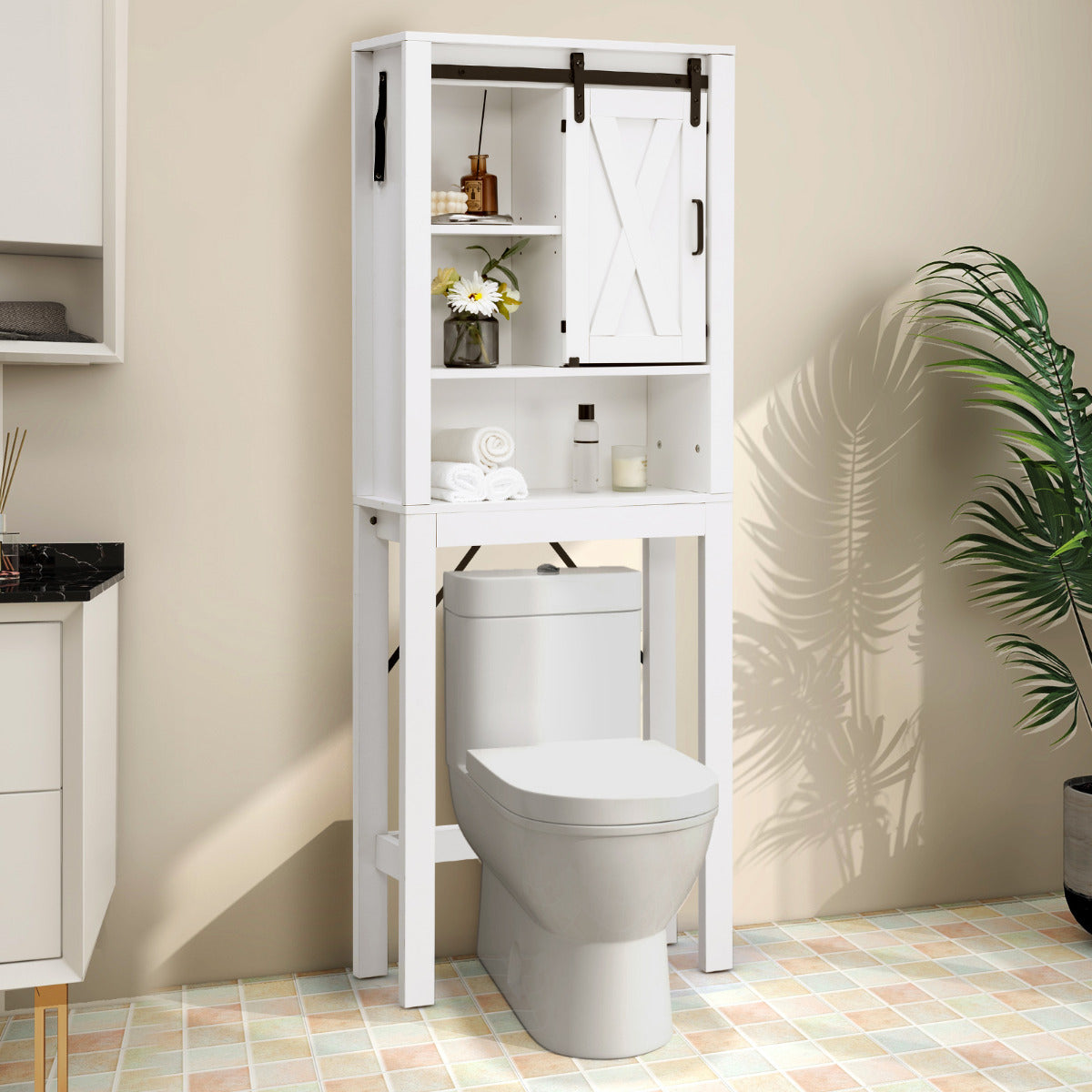 Armario de Almacenamiento Sobre el Inodoro para Baño 4 Niveles con Puerta Deslizante Estantes Ajustables 68 x 22 x 171 cm Blanco