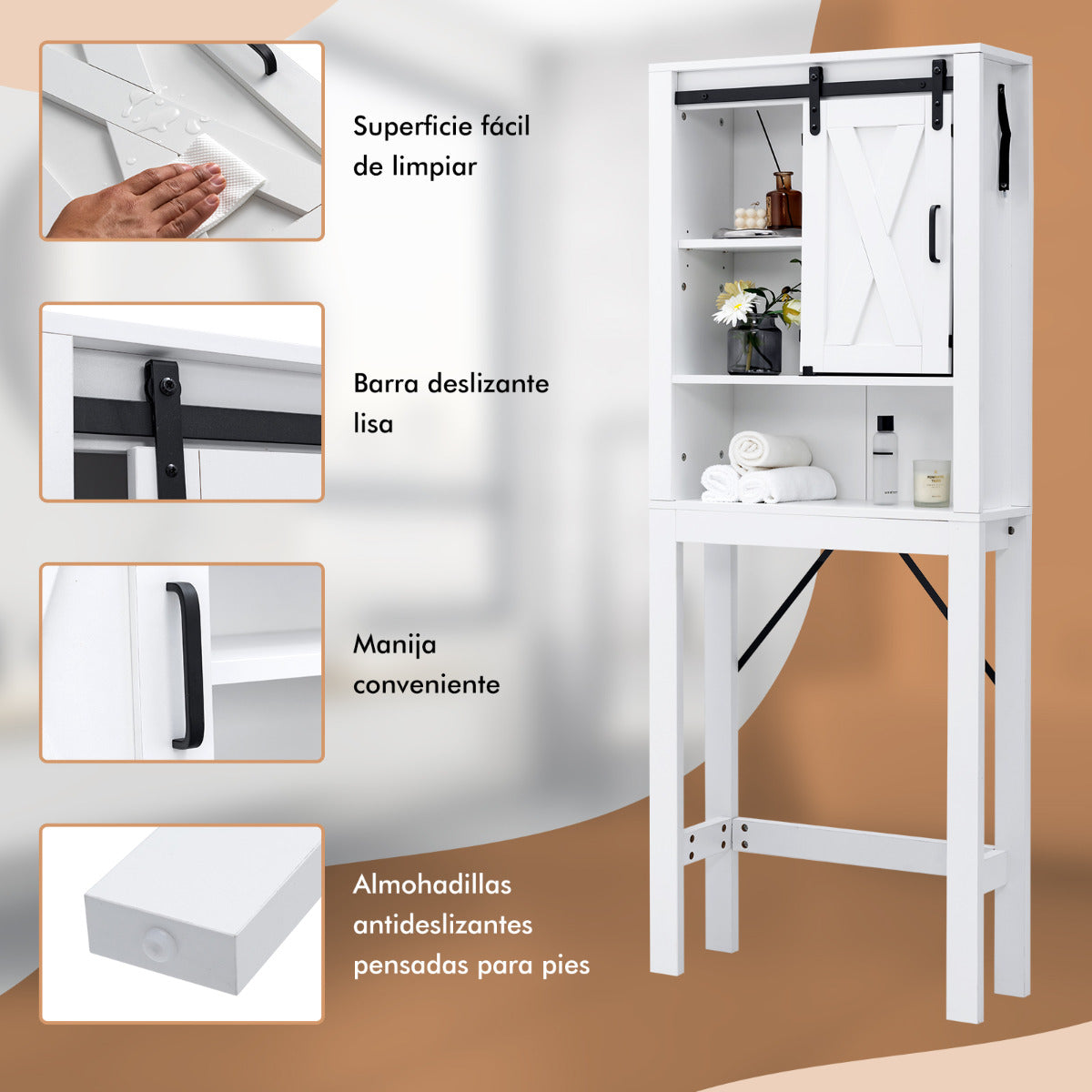 Armario de Almacenamiento Sobre el Inodoro para Baño 4 Niveles con Puerta Deslizante Estantes Ajustables 68 x 22 x 171 cm Blanco