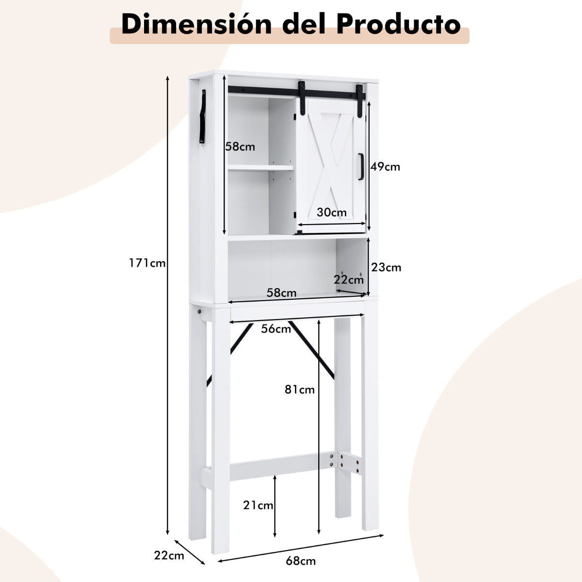 Armario de Almacenamiento Sobre el Inodoro para Baño 4 Niveles con Puerta Deslizante Estantes Ajustables 68 x 22 x 171 cm Blanco