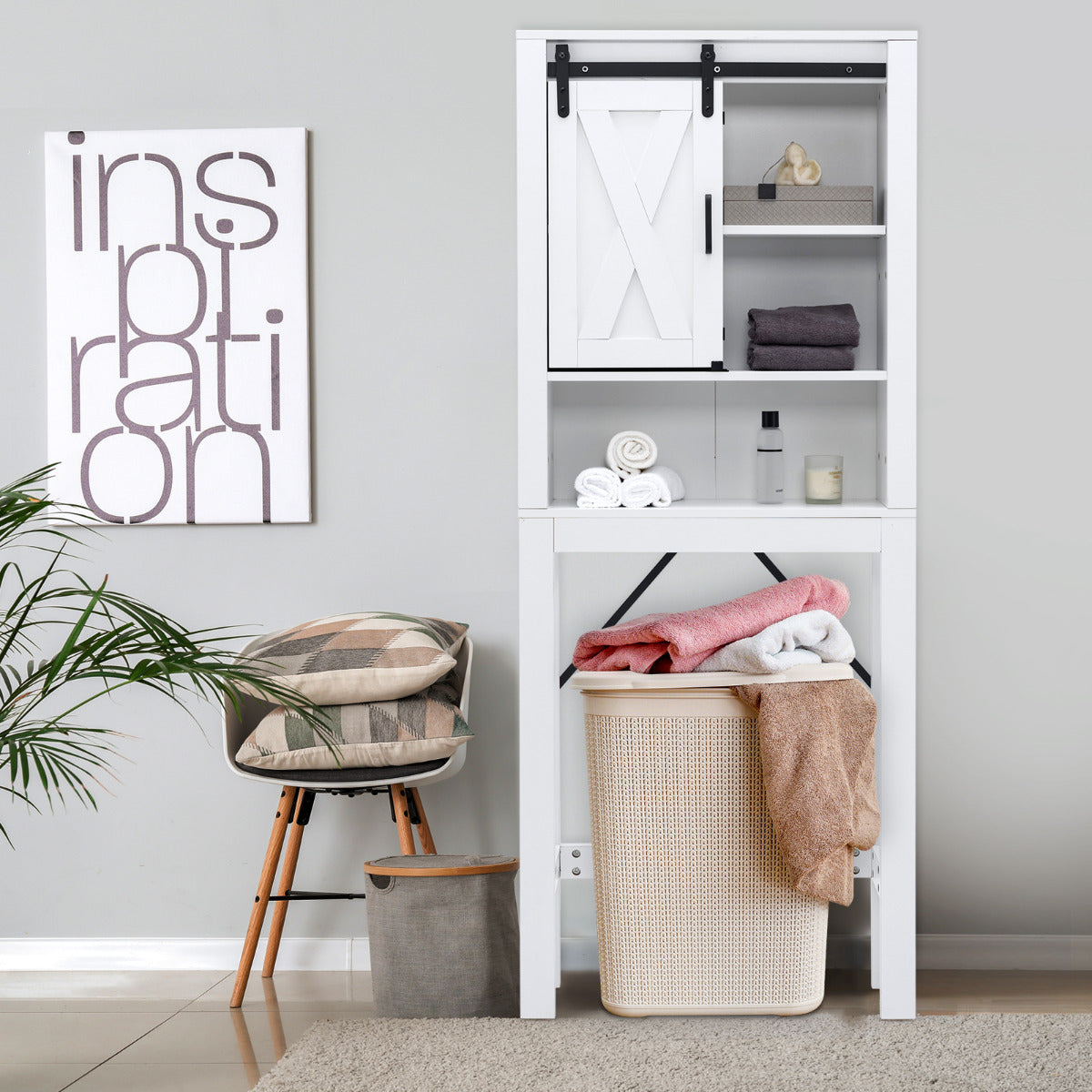 Armario de Almacenamiento Sobre el Inodoro para Baño 4 Niveles con Puerta Deslizante Estantes Ajustables 68 x 22 x 171 cm Blanco