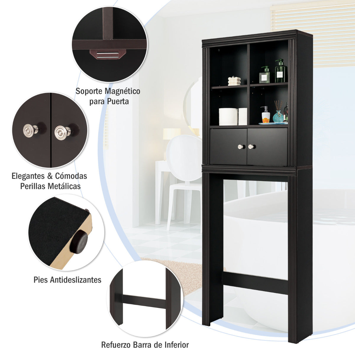 Armario de Almacenamiento sobre Inodoro de Baño 2 Puertas Estantes Ajustables 60 cm x 20 cm x 165 cm Marrón