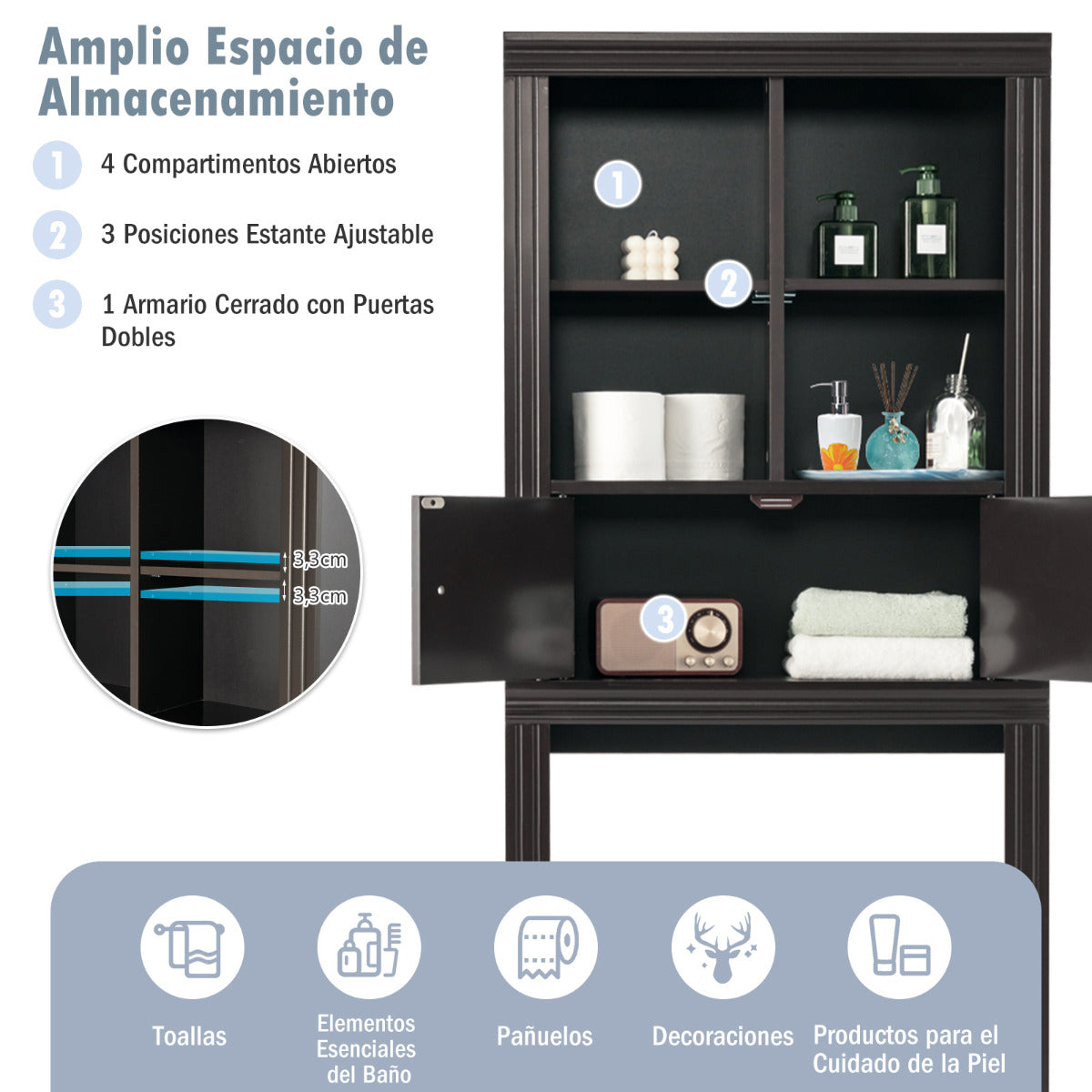 Armario de Almacenamiento sobre Inodoro de Baño 2 Puertas Estantes Ajustables 60 cm x 20 cm x 165 cm Marrón