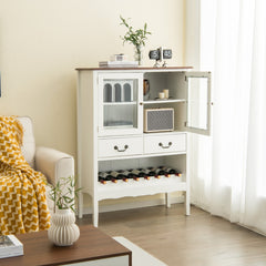 Armario Aparador con 2 Puertas de Vidrio Templado 2 Cajones Estante de Vino Estación de Café para Comedor Salón 90 x 40 x 126,5 cm Blanco