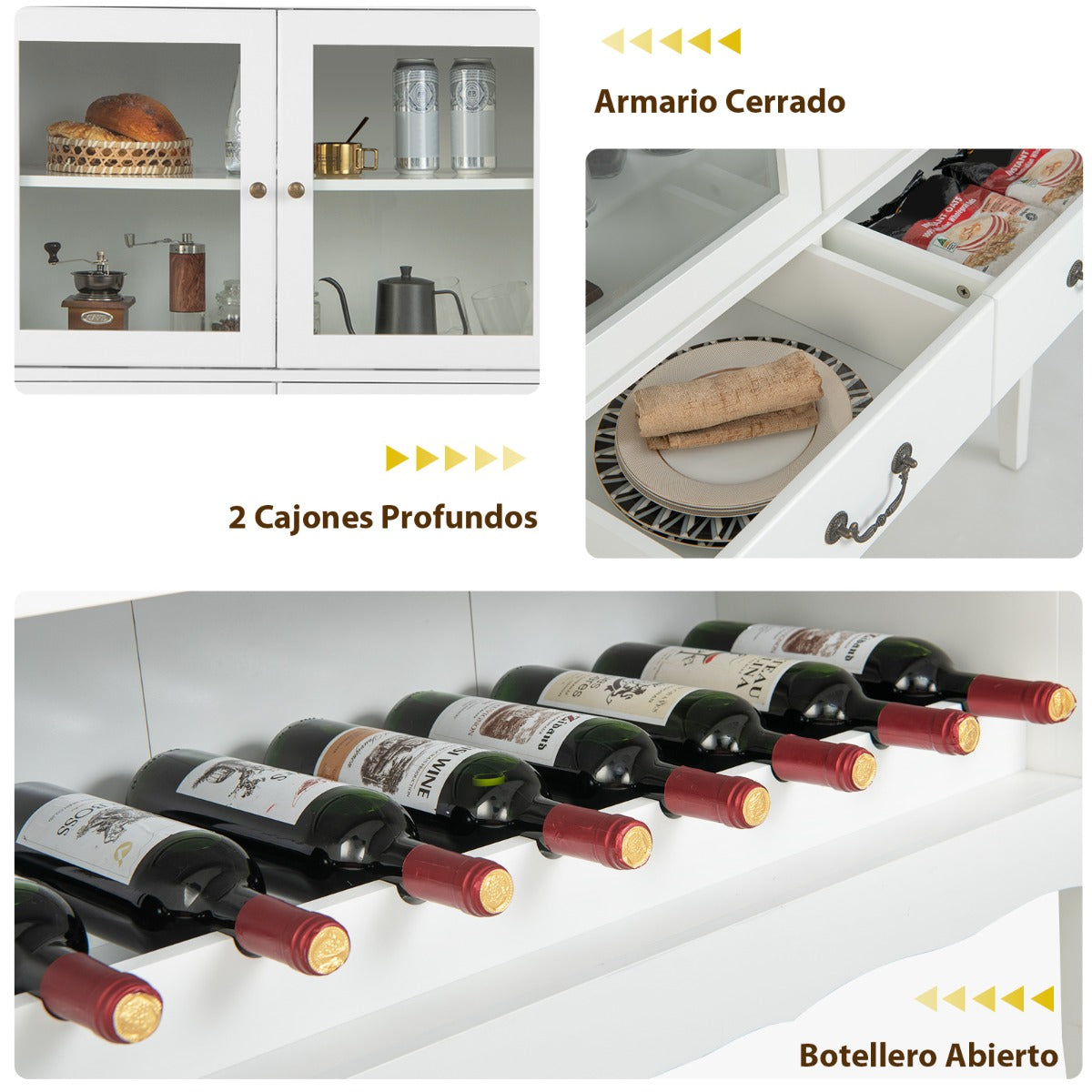 Armario Aparador con 2 Puertas de Vidrio Templado 2 Cajones Estante de Vino Estación de Café para Comedor Salón 90 x 40 x 126,5 cm Blanco