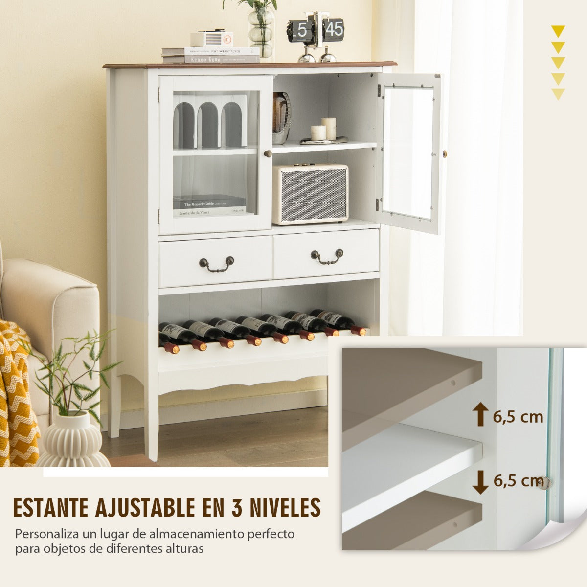 Armario Aparador con 2 Puertas de Vidrio Templado 2 Cajones Estante de Vino Estación de Café para Comedor Salón 90 x 40 x 126,5 cm Blanco
