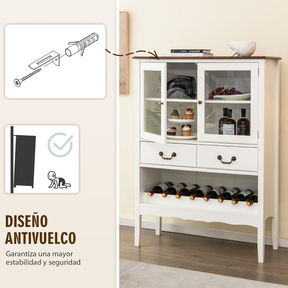 Armario Aparador con 2 Puertas de Vidrio Templado 2 Cajones Estante de Vino Estación de Café para Comedor Salón 90 x 40 x 126,5 cm Blanco