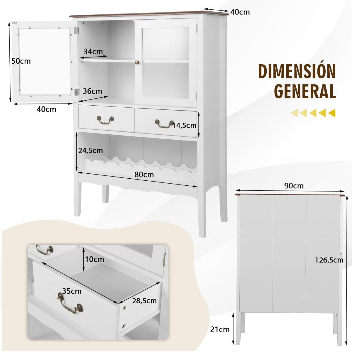 Armario Aparador con 2 Puertas de Vidrio Templado 2 Cajones Estante de Vino Estación de Café para Comedor Salón 90 x 40 x 126,5 cm Blanco