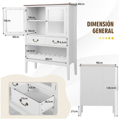 Armario Aparador con 2 Puertas de Vidrio Templado 2 Cajones Estante de Vino Estación de Café para Comedor Salón 90 x 40 x 126,5 cm Blanco