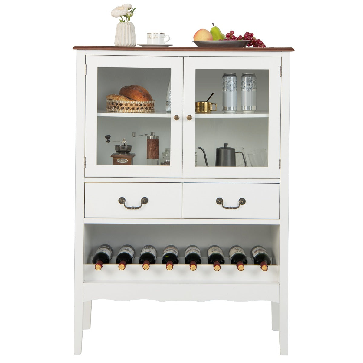 Armario Aparador con 2 Puertas de Vidrio Templado 2 Cajones Estante de Vino Estación de Café para Comedor Salón 90 x 40 x 126,5 cm Blanco