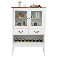 Armario Aparador con 2 Puertas de Vidrio Templado 2 Cajones Estante de Vino Estación de Café para Comedor Salón 90 x 40 x 126,5 cm Blanco