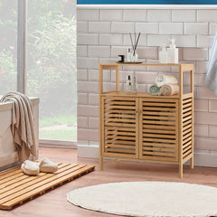 Armario de Baño de Bambú Organizador de Almacenamiento con Estante Abierto Extraíble Doble Puerta 64 x 27,5 x 80 cm Natural