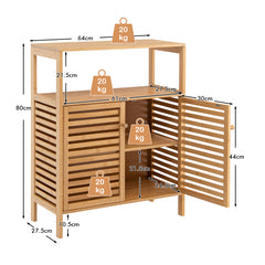 Armario de Baño de Bambú Organizador de Almacenamiento con Estante Abierto Extraíble Doble Puerta 64 x 27,5 x 80 cm Natural