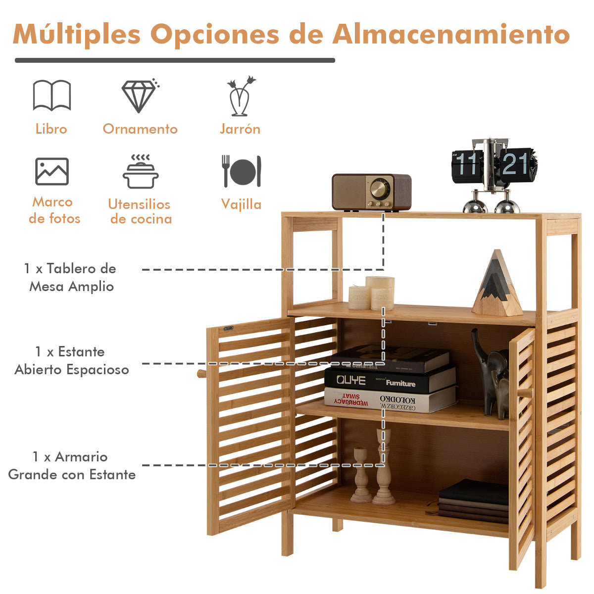 Armario de Baño de Bambú Organizador de Almacenamiento con Estante Abierto Extraíble Doble Puerta 64 x 27,5 x 80 cm Natural