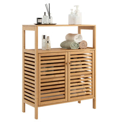 Armario de Baño de Bambú Organizador de Almacenamiento con Estante Abierto Extraíble Doble Puerta 64 x 27,5 x 80 cm Natural
