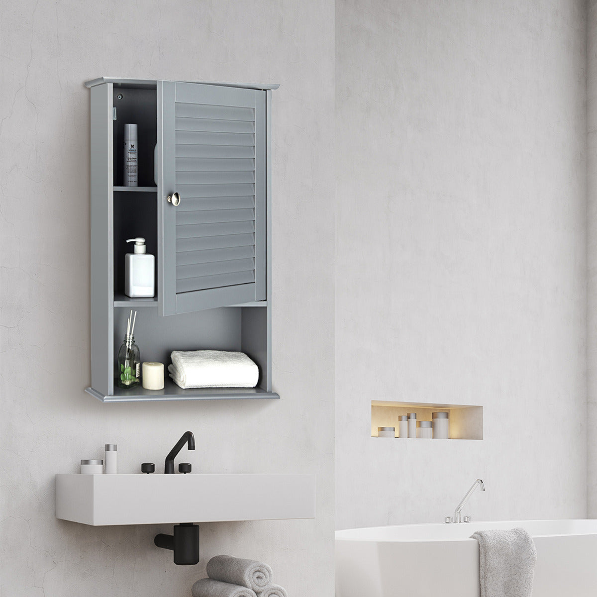 Armario de Baño de Pared con Puerta y 3 Estantes de MDF Armario Almacenamiento Toalla Ducha Organizador 42 x 17 x 70 cm Gris