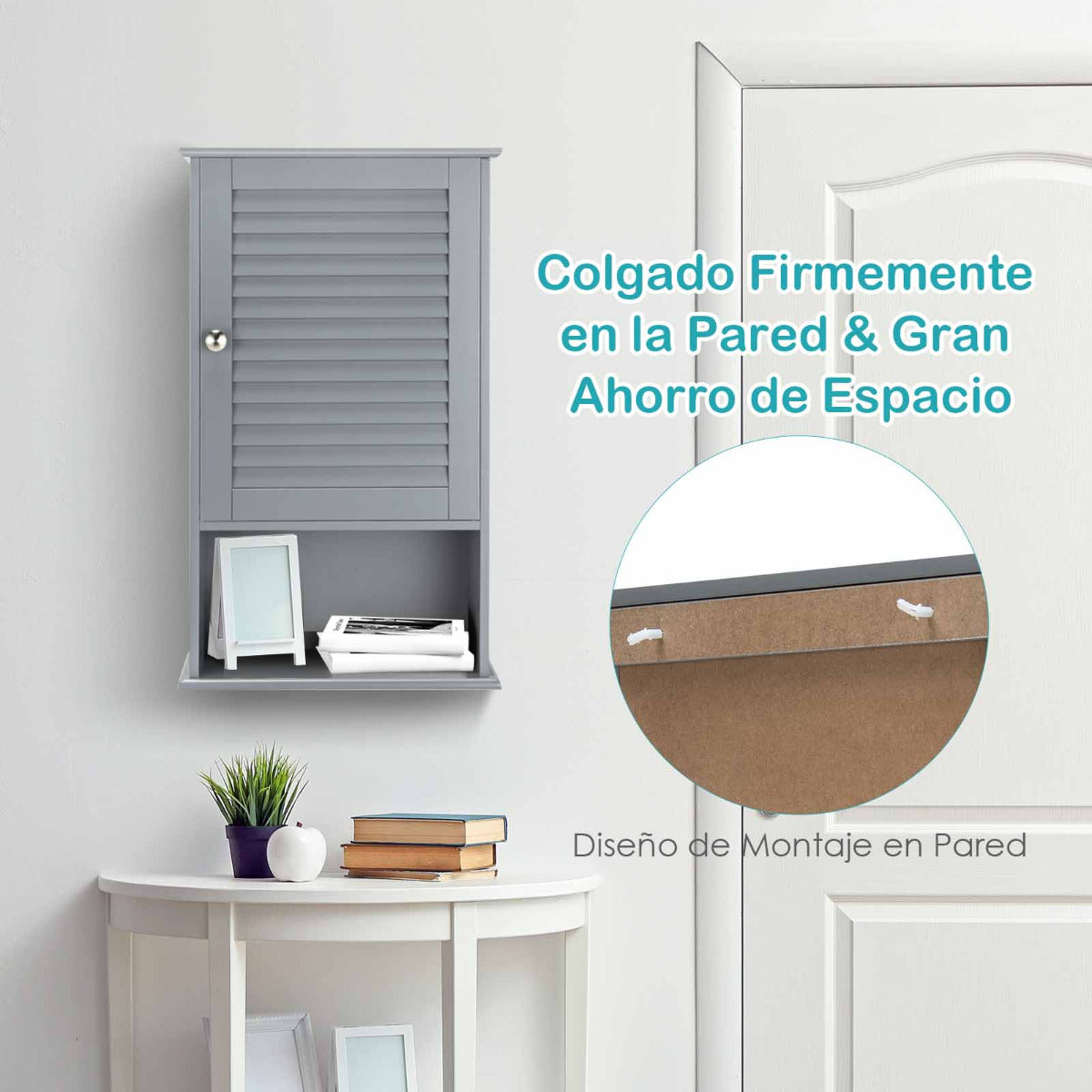 Armario de Baño de Pared con Puerta y 3 Estantes de MDF Armario Almacenamiento Toalla Ducha Organizador 42 x 17 x 70 cm Gris