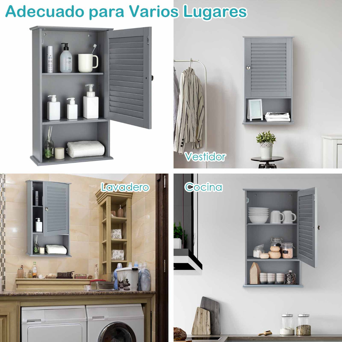 Armario de Baño de Pared con Puerta y 3 Estantes de MDF Armario Almacenamiento Toalla Ducha Organizador 42 x 17 x 70 cm Gris