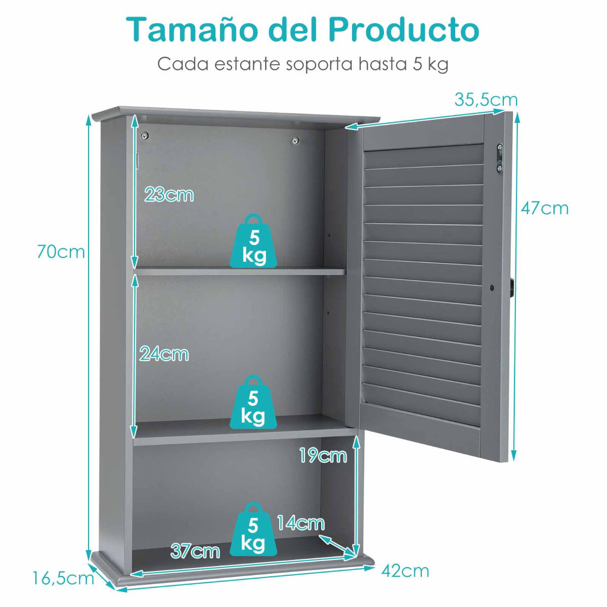 Armario de Baño de Pared con Puerta y 3 Estantes de MDF Armario Almacenamiento Toalla Ducha Organizador 42 x 17 x 70 cm Gris