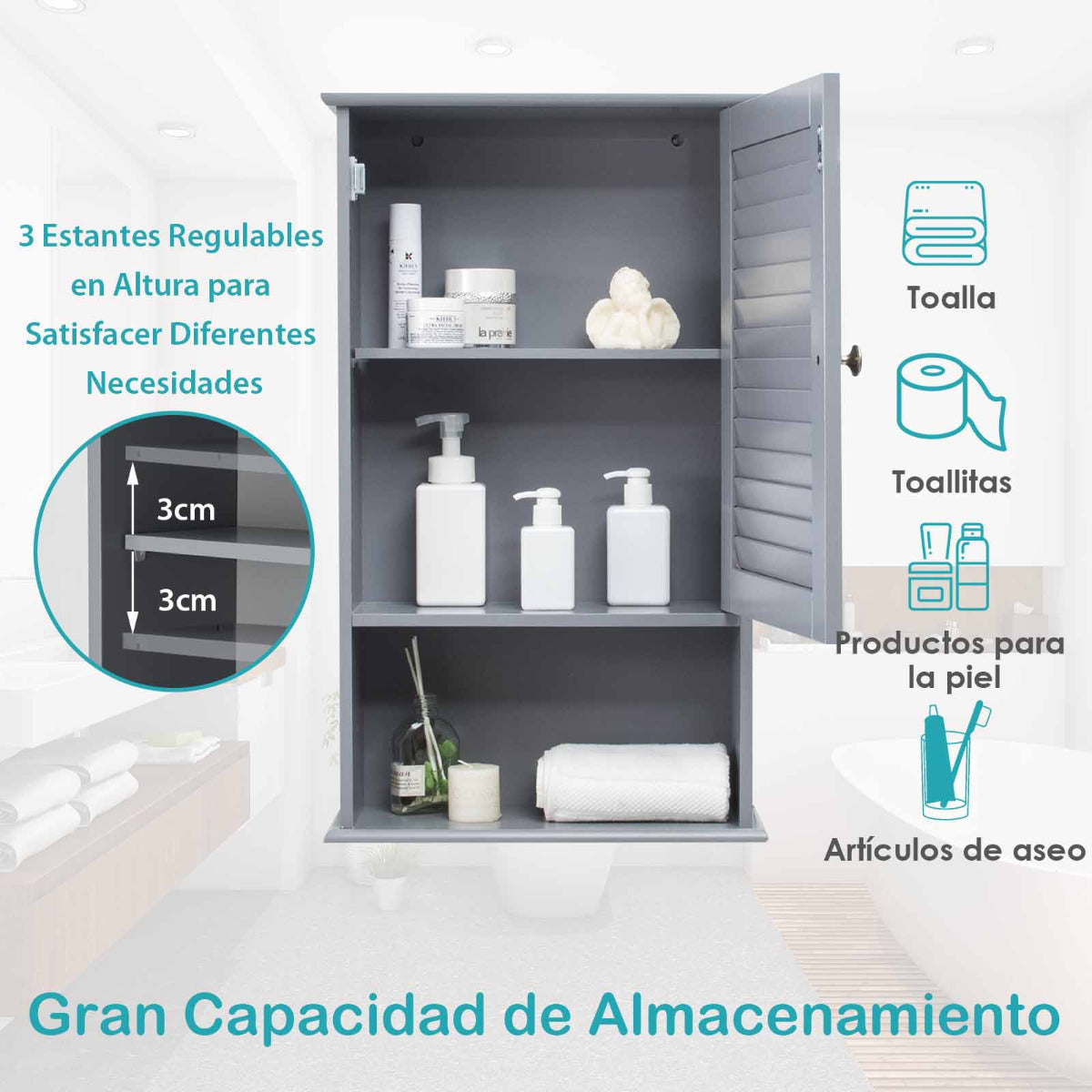Armario de Baño de Pared con Puerta y 3 Estantes de MDF Armario Almacenamiento Toalla Ducha Organizador 42 x 17 x 70 cm Gris