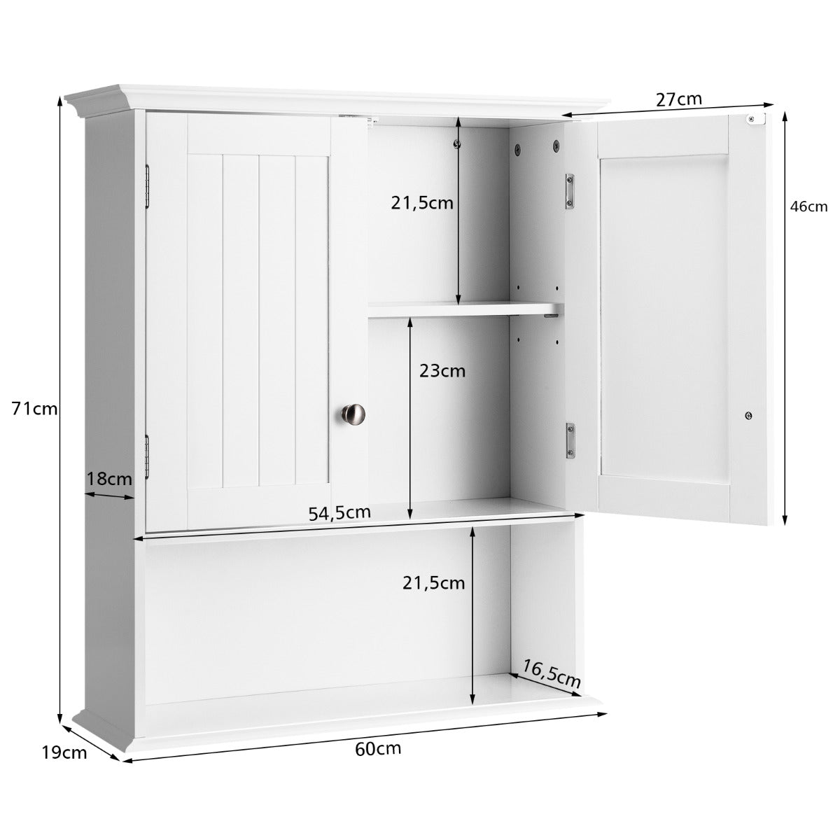 Armario de Baño de Pared Armario de Madera Suspendido con Puertas y Estantes Gabinete Multiuso para Baño 60 x 19 x 71 cm Blanco