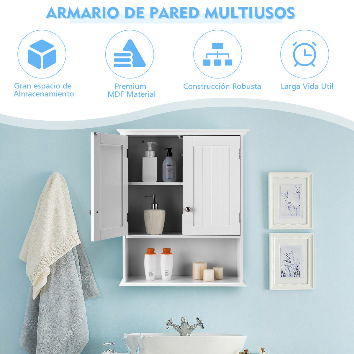 Armario de Baño de Pared Armario de Madera Suspendido con Puertas y Estantes Gabinete Multiuso para Baño 60 x 19 x 71 cm Blanco