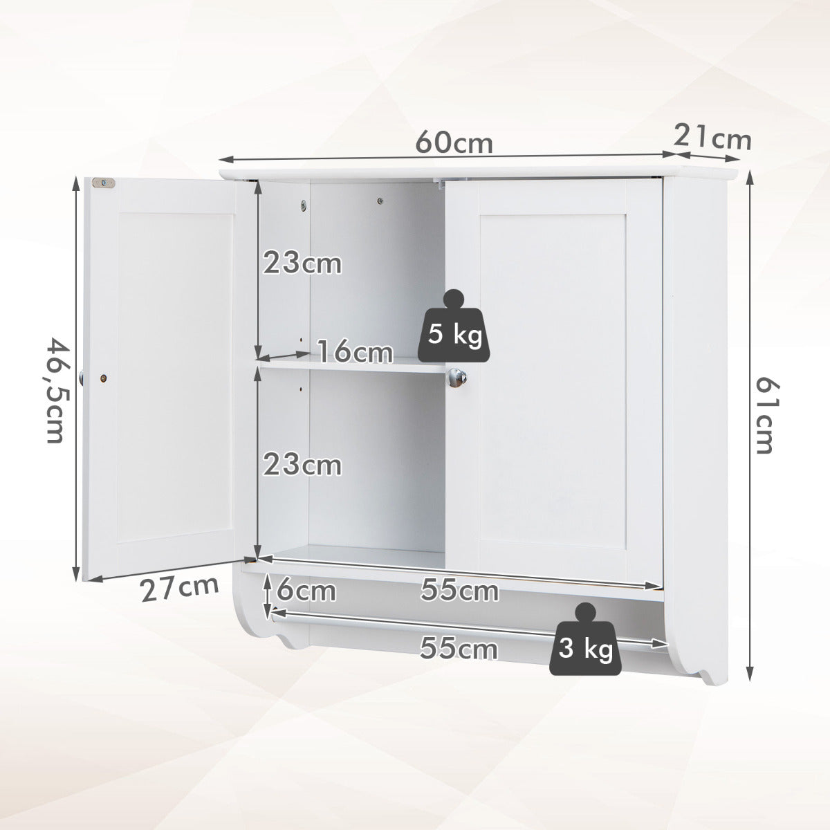Armario de Baño de Pared con 2 Puertas Barra de Toalla Estante Ajustable Organizador de Almacenamiento de Cocina 60 x 21 x 61 cm Blanco