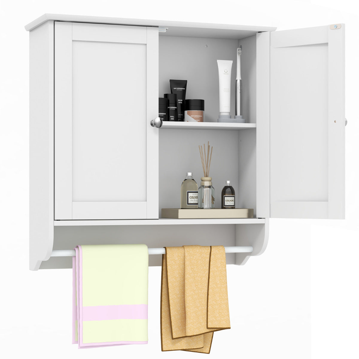 Armario de Baño de Pared con 2 Puertas Barra de Toalla Estante Ajustable Organizador de Almacenamiento de Cocina 60 x 21 x 61 cm Blanco