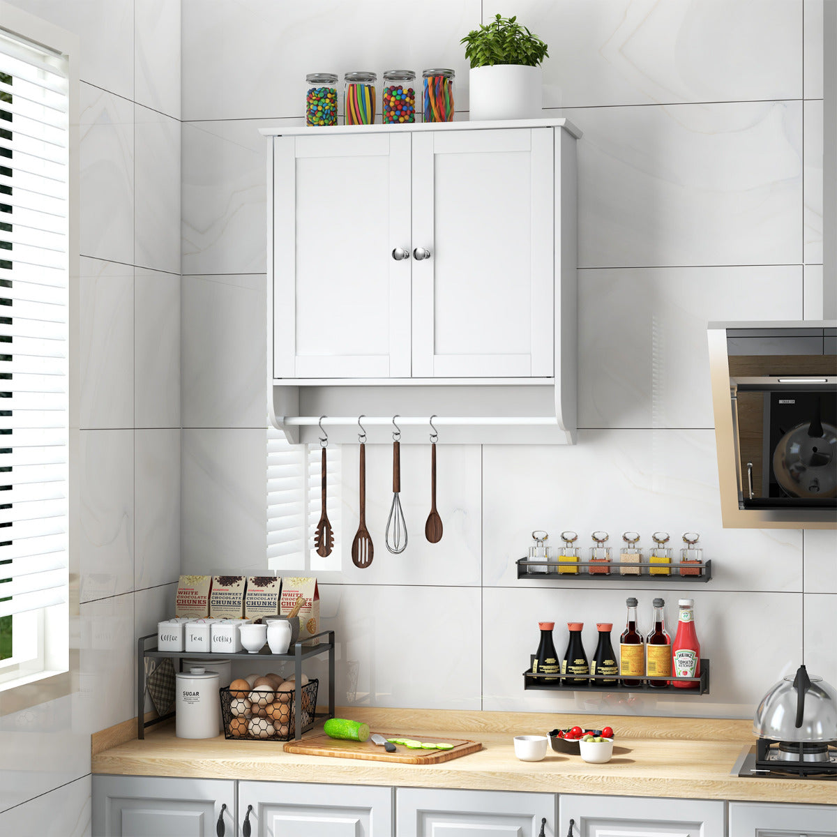Armario de Baño de Pared con 2 Puertas Barra de Toalla Estante Ajustable Organizador de Almacenamiento de Cocina 60 x 21 x 61 cm Blanco
