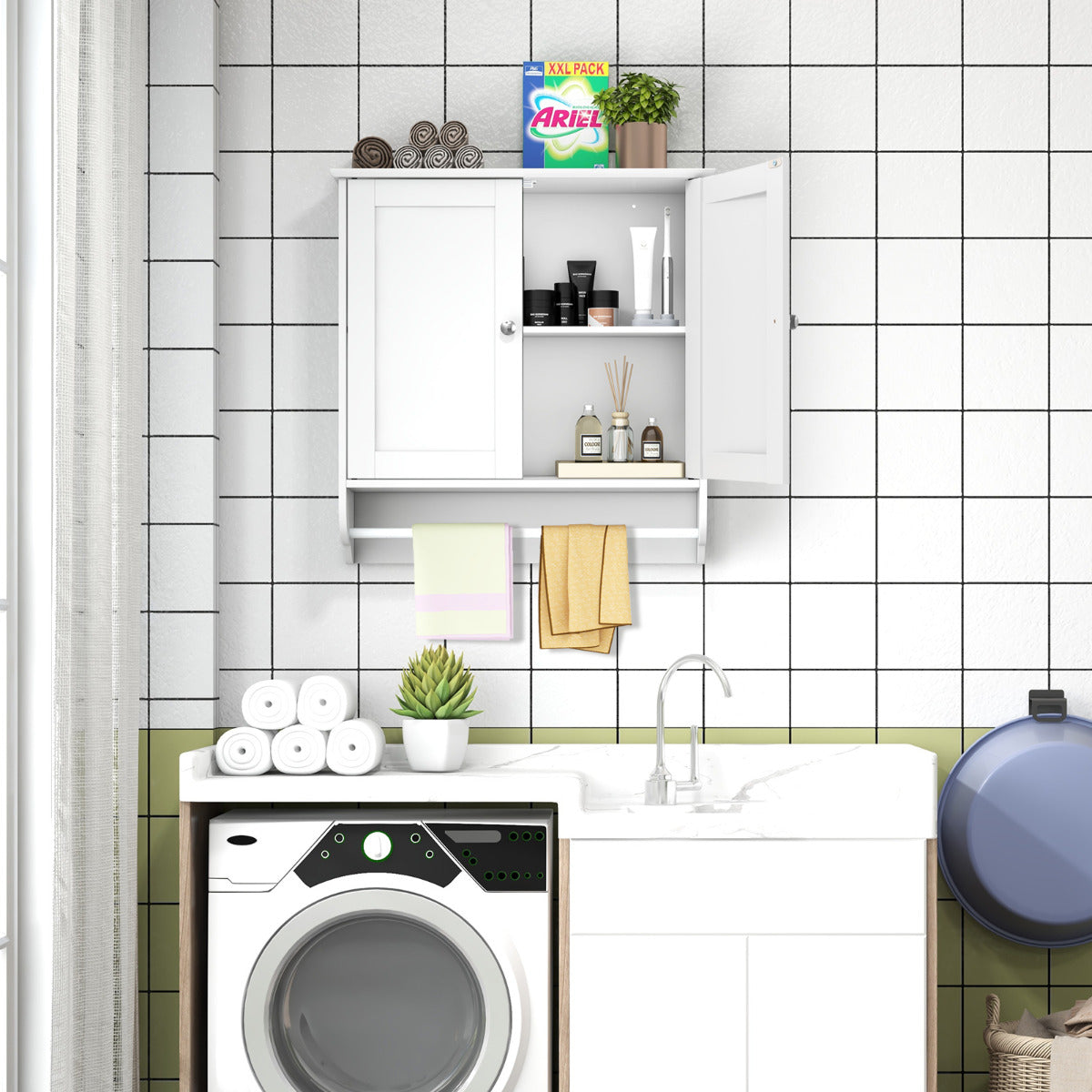 Armario de Baño de Pared con 2 Puertas Barra de Toalla Estante Ajustable Organizador de Almacenamiento de Cocina 60 x 21 x 61 cm Blanco