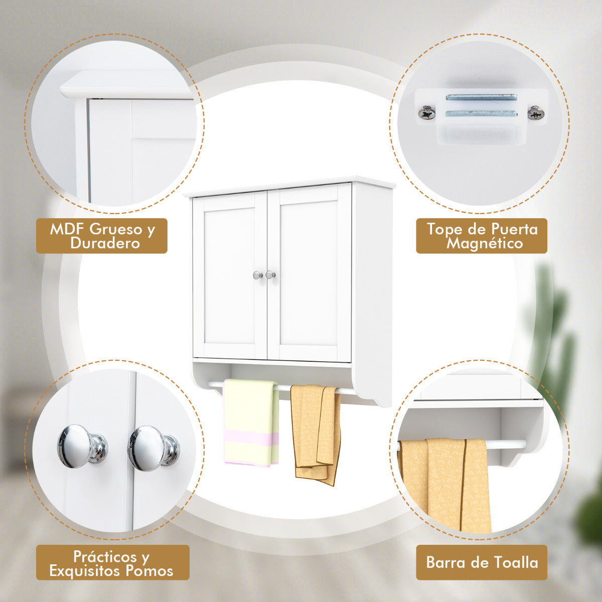 Armario de Baño de Pared con 2 Puertas Barra de Toalla Estante Ajustable Organizador de Almacenamiento de Cocina 60 x 21 x 61 cm Blanco
