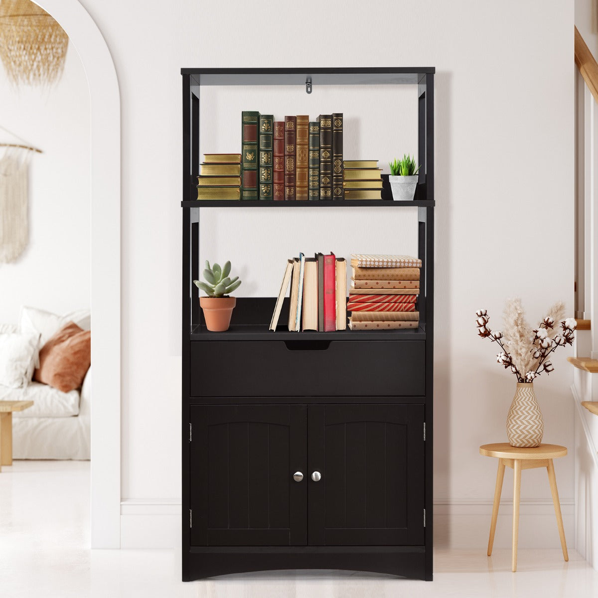 Armario de Baño con 3 Estanterías 1 Cajón 1 Gabinete de Almacenamiento Toalla Champú Gel Organizador para Cocina 60 x 32,5 x 122 cm Negro