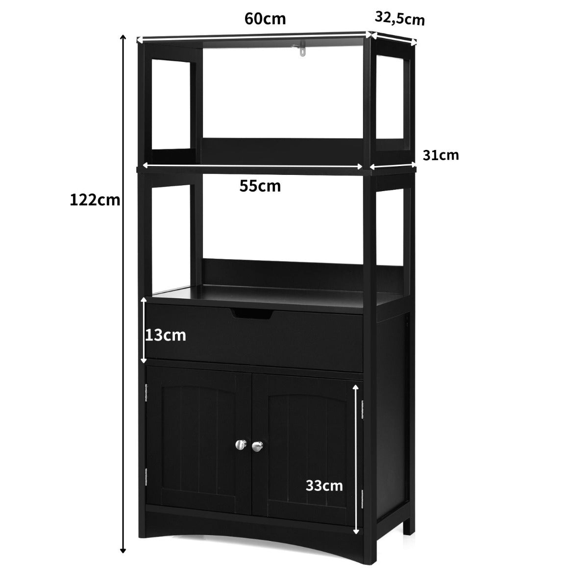 Armario de Baño con 3 Estanterías 1 Cajón 1 Gabinete de Almacenamiento Toalla Champú Gel Organizador para Cocina 60 x 32,5 x 122 cm Negro