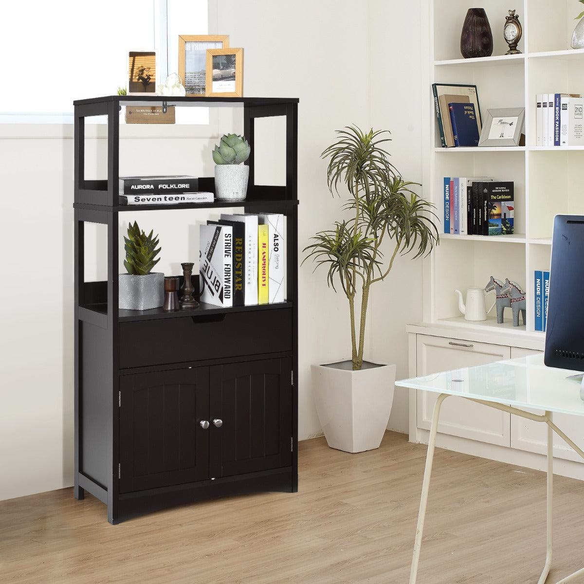 Armario de Baño con 3 Estanterías 1 Cajón 1 Gabinete de Almacenamiento Toalla Champú Gel Organizador para Cocina 60 x 32,5 x 122 cm Negro