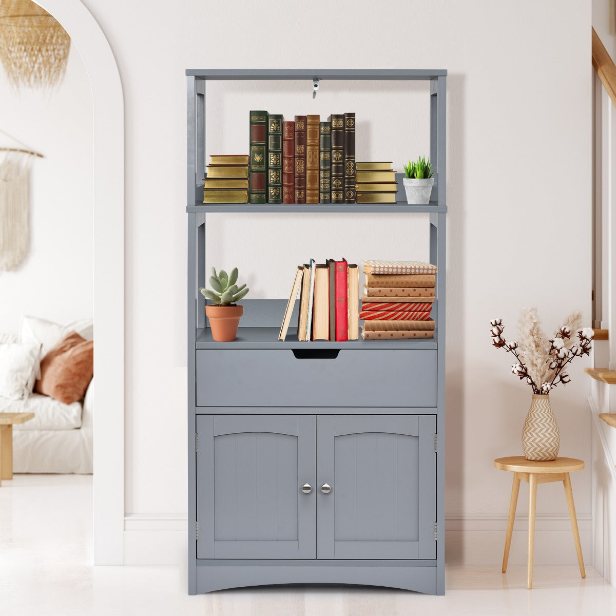 Armario de Baño con 3 Estanterías 1 Cajón 1 Gabinete de Almacenamiento Toalla Champú Gel Organizador para Cocina 60 x 32,5 x 122 cm Gris