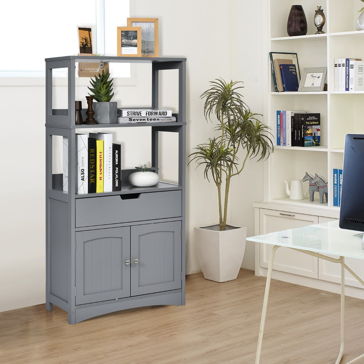 Armario de Baño con 3 Estanterías 1 Cajón 1 Gabinete de Almacenamiento Toalla Champú Gel Organizador para Cocina 60 x 32,5 x 122 cm Gris