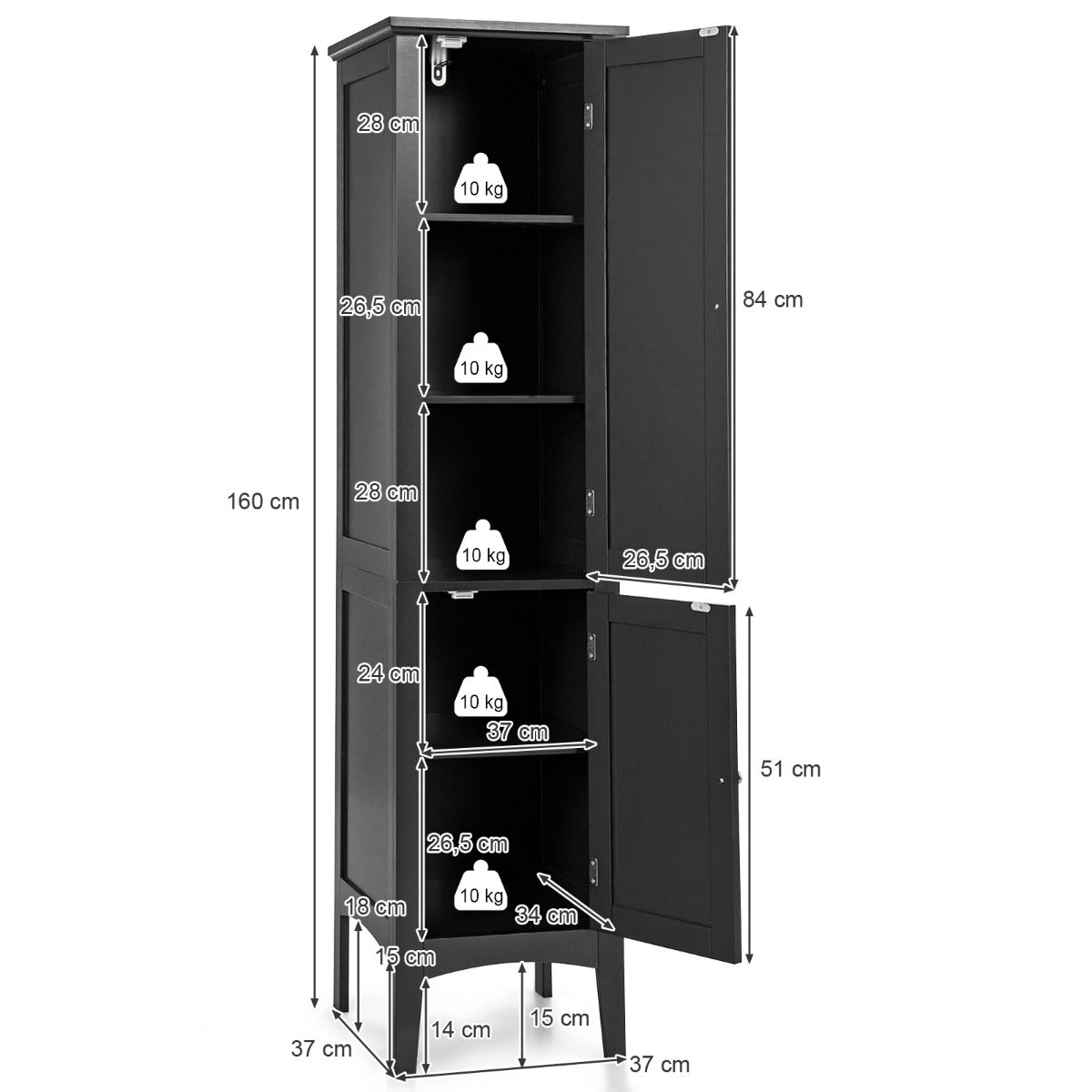 Armario Alto de Baño con 5 Niveles de Almacenamiento Gabinete Independiente Organizador Estrecho para Cocina 37 x 37 x 160 cm Negro