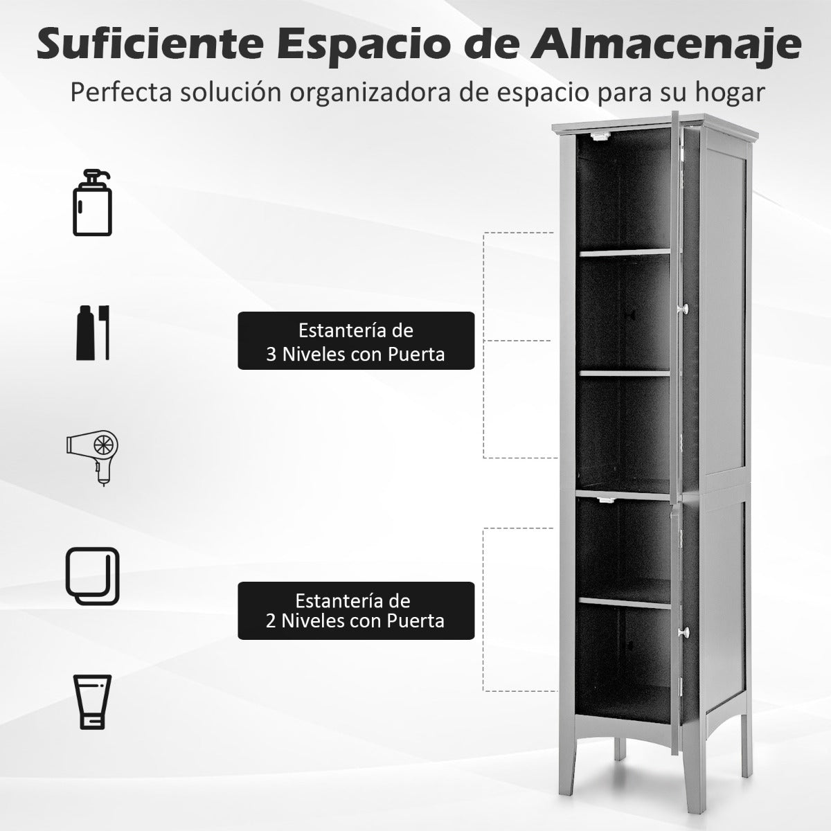 Armario Alto de Baño con 5 Niveles de Almacenamiento Gabinete Independiente Organizador Estrecho para Cocina 37 x 37 x 160 cm Negro