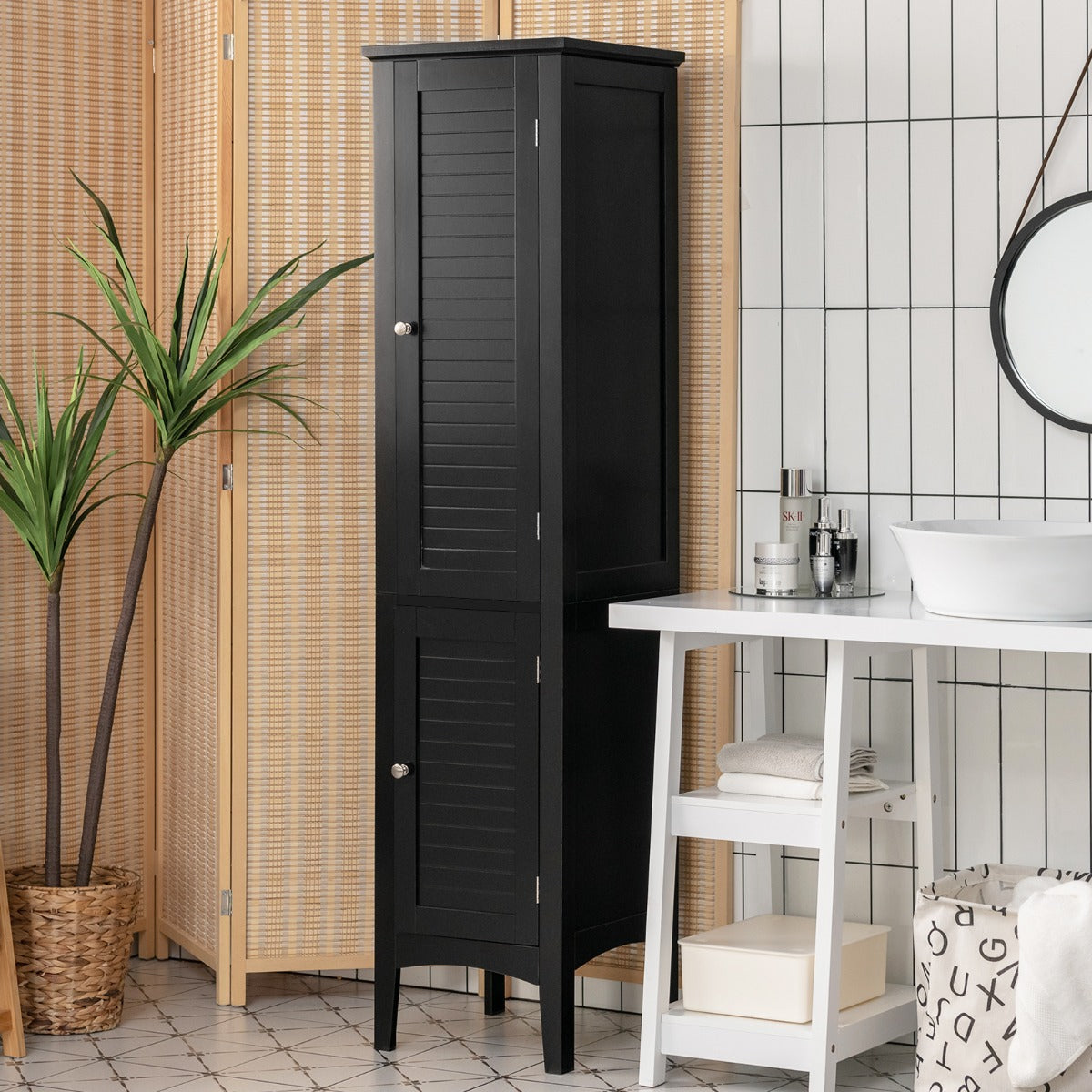 Armario Alto de Baño con 5 Niveles de Almacenamiento Gabinete Independiente Organizador Estrecho para Cocina 37 x 37 x 160 cm Negro
