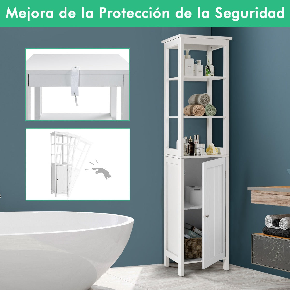 Armario de Baño Independiente con Estante de 3 Niveles Organizador Delgado 40 x 32 x 161,5cm Blanco