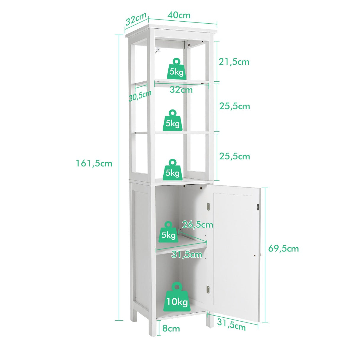 Armario de Baño Independiente con Estante de 3 Niveles Organizador Delgado 40 x 32 x 161,5cm Blanco