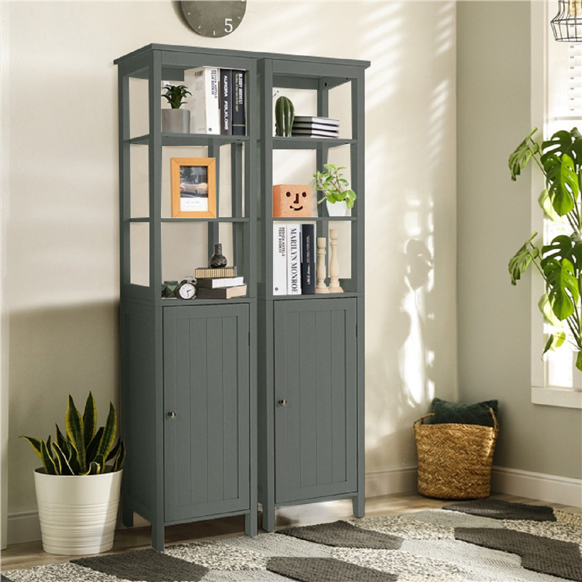 Armario de Baño Independiente con Estante de 3 Niveles y 1 Puerta Mueble Organizador Delgado para Salón Cocina 40 x 32 x 161,5 cm Gris