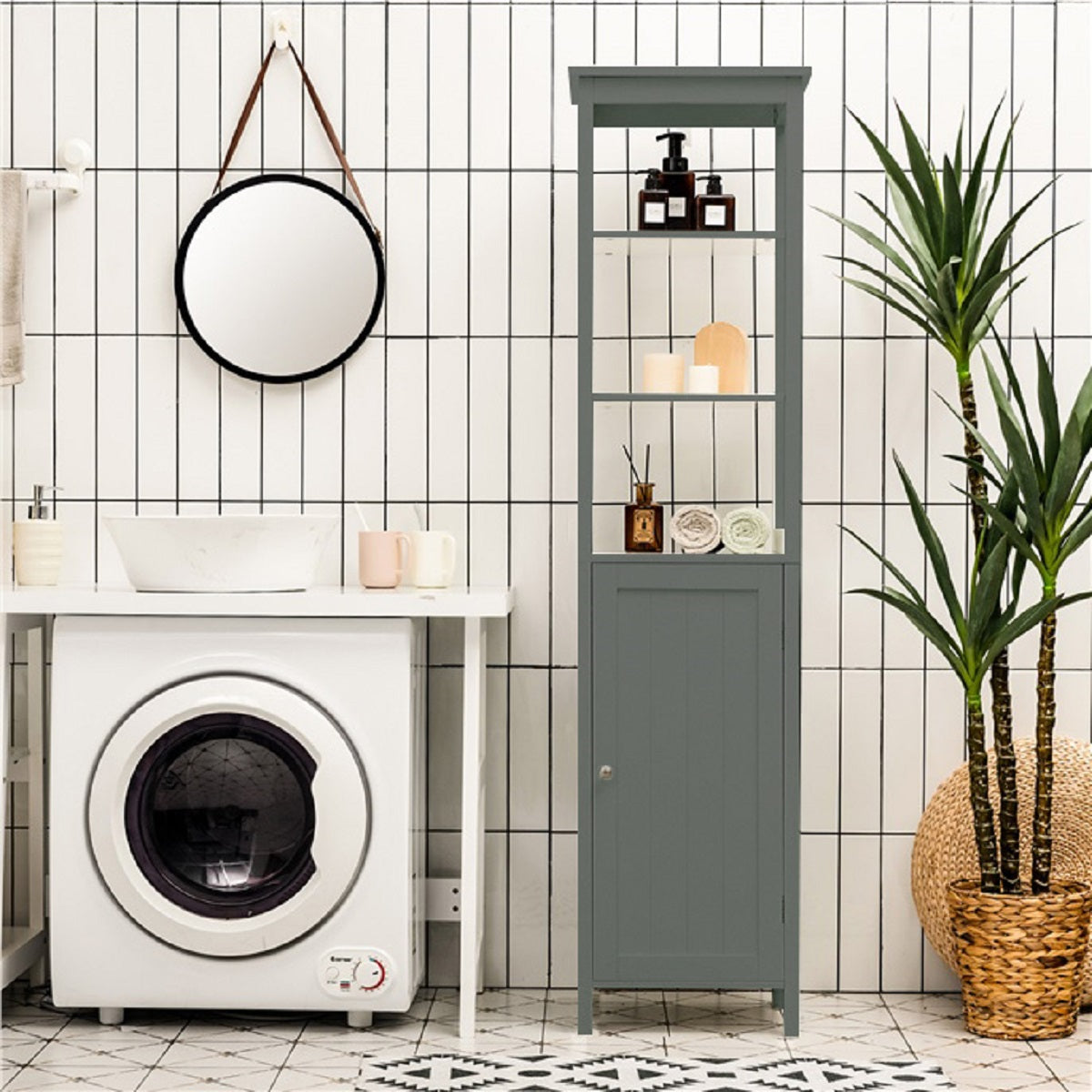 Armario de Baño Independiente con Estante de 3 Niveles y 1 Puerta Mueble Organizador Delgado para Salón Cocina 40 x 32 x 161,5 cm Gris