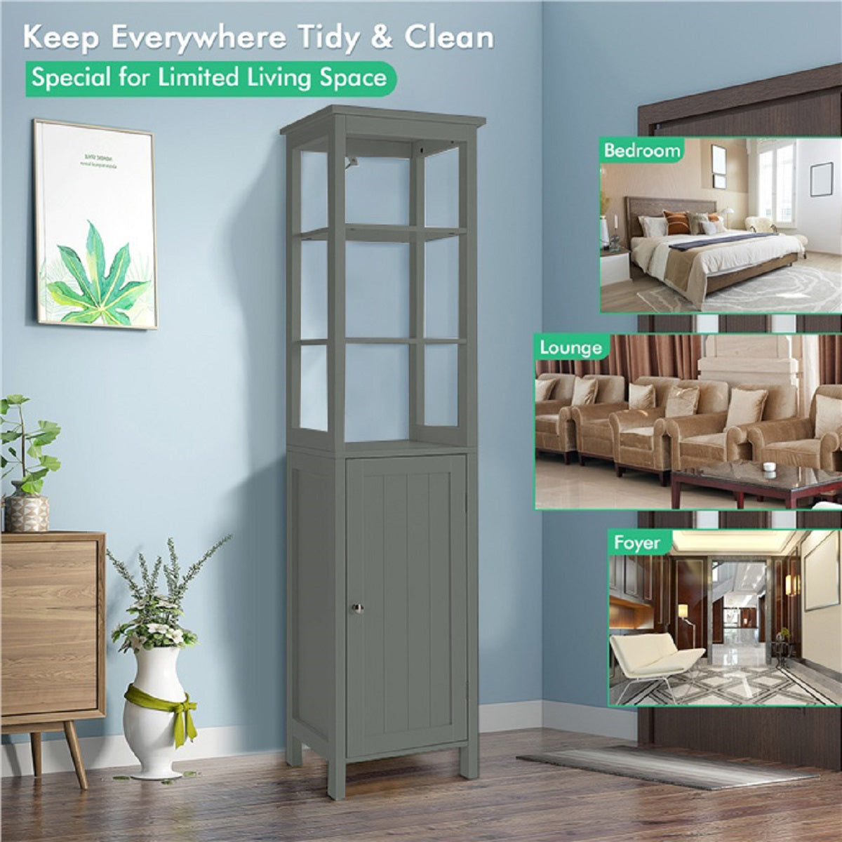 Armario de Baño Independiente con Estante de 3 Niveles y 1 Puerta Mueble Organizador Delgado para Salón Cocina 40 x 32 x 161,5 cm Gris