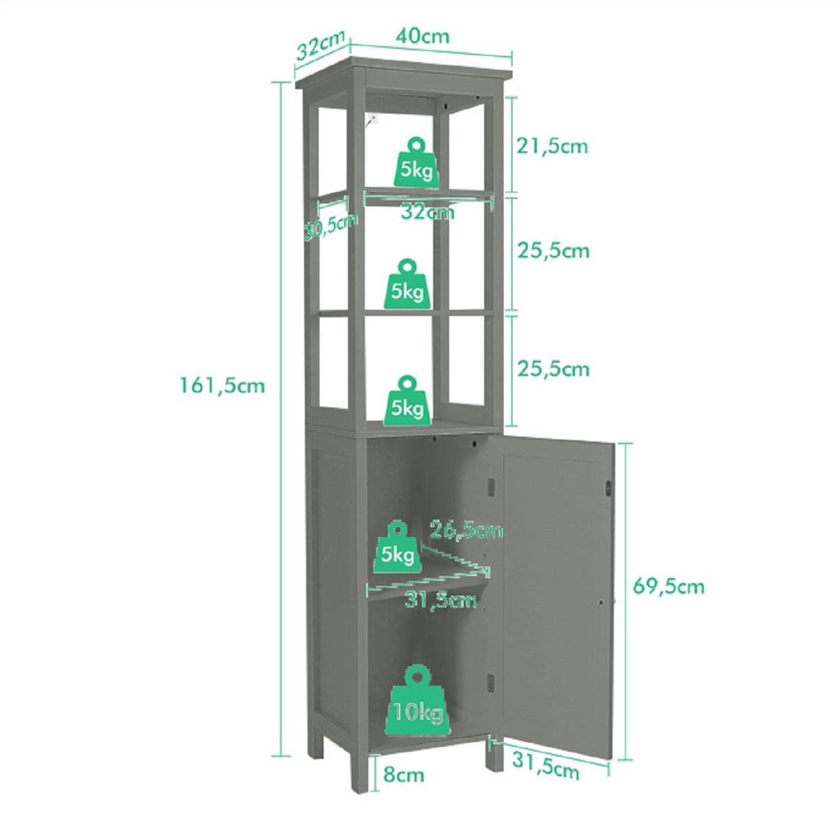 Armario de Baño Independiente con Estante de 3 Niveles y 1 Puerta Mueble Organizador Delgado para Salón Cocina 40 x 32 x 161,5 cm Gris